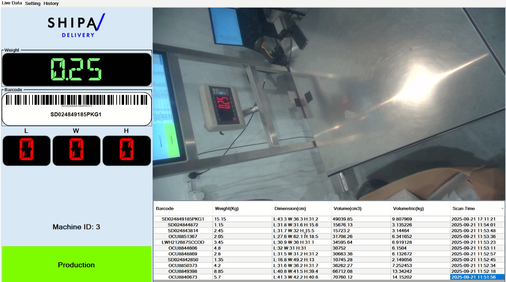 Hybrid DWS operator software showing live weight, barcode, dimensions, camera feed and scan history